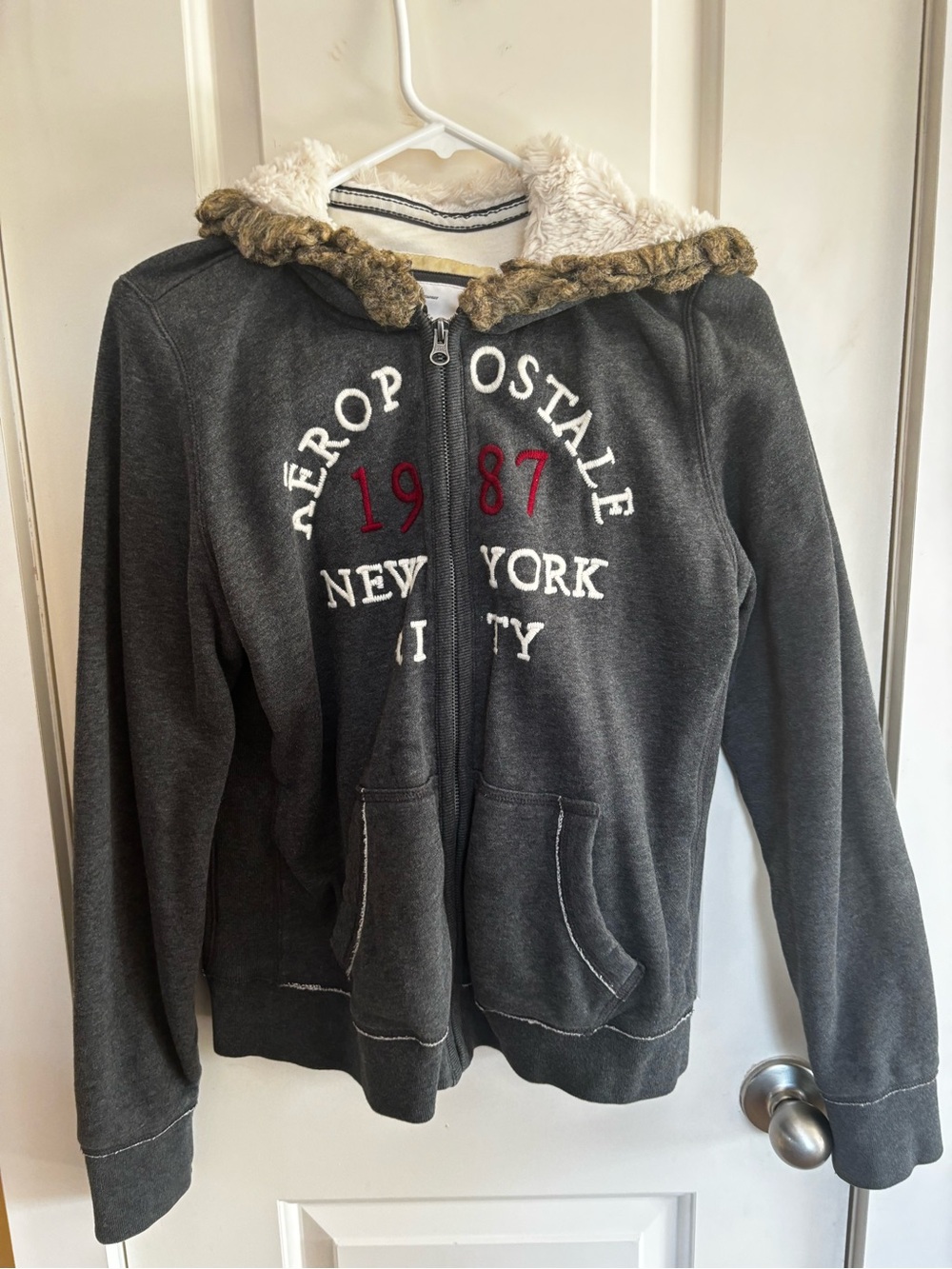 Aeropostale Dark Charcoal Gray Sherpa-Lined Zip Hoodie with Red Accents